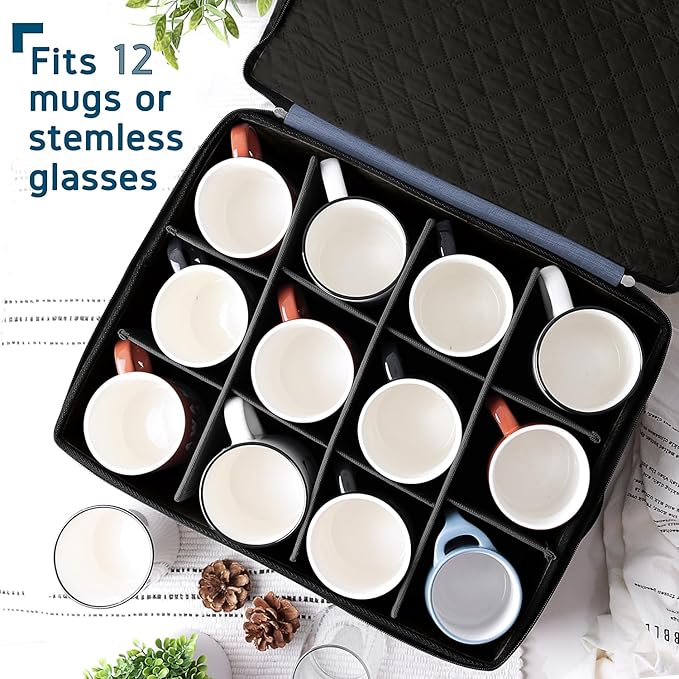 Fine China Storage Containers, 5 Piece Quilted Dish Storage Containers, Mug, Cup, and Plate Dish Organizer with Felt Dividers, Service of 12 Dinnerware Boxes for Moving, Seasonal Organization, Blue