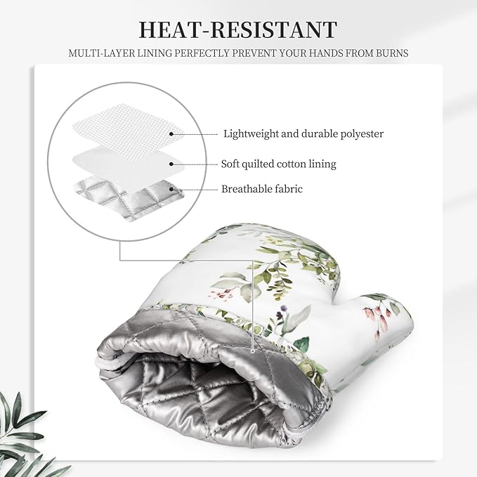 Sage Green Eucalyptus Oven Mitts Watercolor Butterfly Leaves Pot Holders Cooking Apron Set of 5 Silicone Kitchen Glove Apron Non-Slip Heat Resistant for Chef Baking Cooking Grilling BBQ