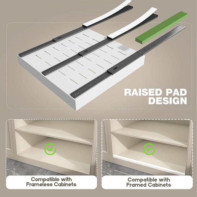 Seinloes 1 Pack Pull Out Cabinet Organizer 21" Deep,Full Extension 3 Slide Rails Slide Out Drawers With Raising Pad for Framed Cabinets,Expandable Width (12.3"-20.5"),No Drill Roll Out Shelves,White