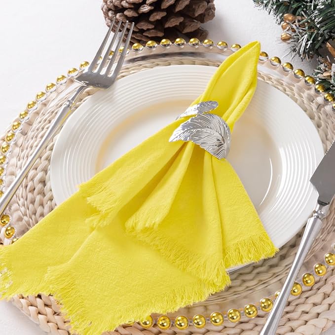 DeZerlor 6 Pack Lemon Yellow Cotton Linen Napkins with Fringe Spring Cloth Napkins Set of 6 Boho Handmade Dinner Napkins Bulk for Wedding Bridal Baby Shower Parties, 17 x 17 Inches