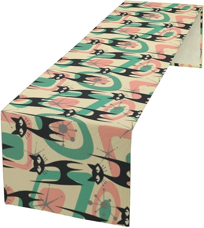 Mid Century Table Runner Black Cat Abstract Geometric Retro Art Printed Dinner Runner for Home Kitchen Dining Table Decor Fabric 1 Panel W13xL90in