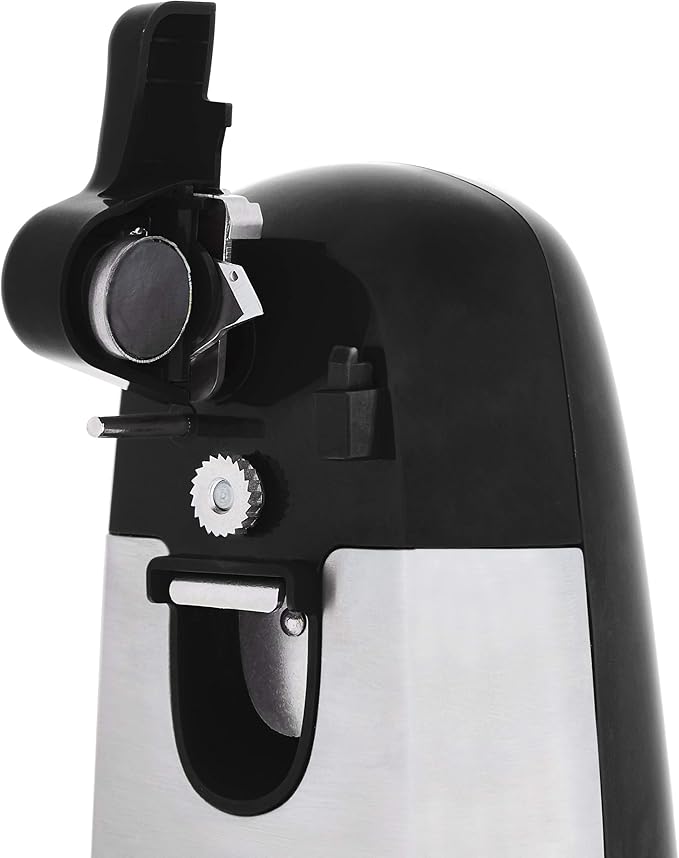 Amazon Basics 3-In-1 Electric Can Opener, Bottle Opener and Knife Sharpener with Stainless Steel Blade, Magnetic Lid Holder, Safe, Easy to Use, Powerful, Sleek Design, 50W, Black