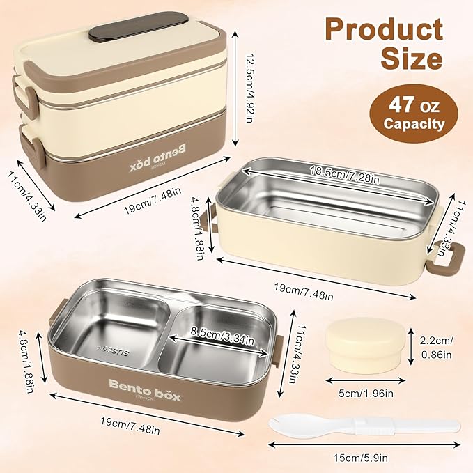 Suteng Double-Layer Bento Box Adult All-in-One Design | 1.4L Stainless Steel Lunch Containers for Adults | Leakproof Microwave-Safe Food Container with Cutlery(Spoon) & Hidden Handle | Brown