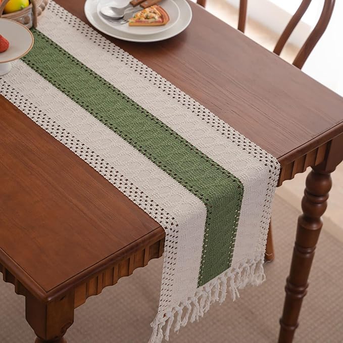Niviy Dark Green Table Runner 90 Inches Long with Tassels, Seasonal Spring Summer Washable Embroidered Striped Braided Green and Beige Boho Table Runners for Holiday Party 12 x 90 Inches