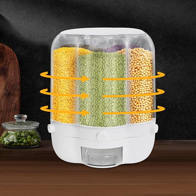 6 Grids Grain Dispenser Can, 360°Rotating Cereal Rice & Grain Storage Container Large Rotating Food Dispenser Sealed Grain Food Storage Bucket with Lid for Kitchen Grains Rice Beans (27.56Lbs White)