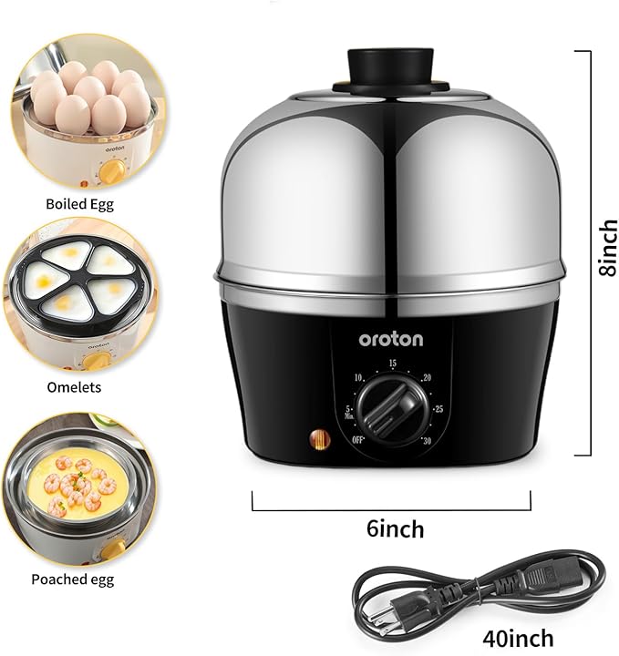Oroton 9-Egg 304 Stainless Steel Egg Cooker – Steam & Boil Eggs with Timer, Automatic Shut-Off & 3 Cooking Modes (Black)(Hard/Medium/Soft)