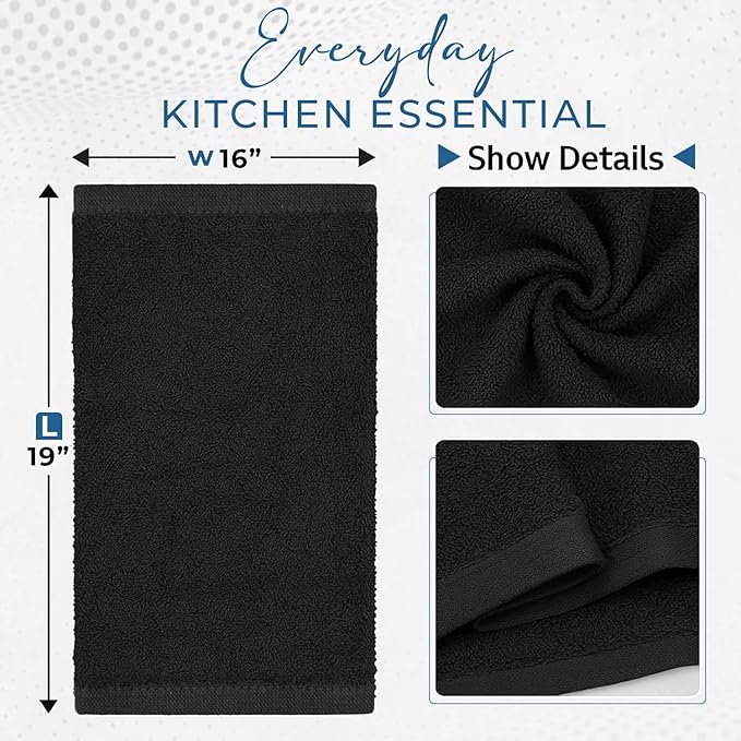 DAN RIVER Kitchen Bar Mops,Pack of 12,16 by 19 Inches,100% Cotton Super Absorbent,Multi-Purpose Cleaning Towels for Home and Kitchen Bars-Black