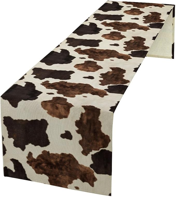 Cow Print Table Runner Country Farmhouse Cottage Cowhide Print Art Printed Runner for Home Kitchen Dining Table Living Room Decor Fabric 1 Panel W13xL120in