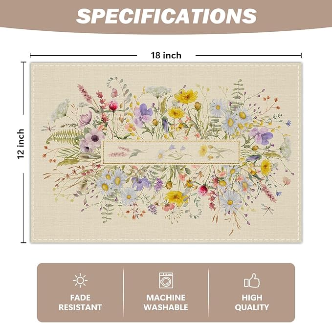Wildflower Linen Placemats Set of 4, Wild Flowers Waterproof Washable Heat Resistant Place Mats 12x18 Inch, Table Mat for Outdoor Indoor Home Kitchen Party Dining Decoration-05