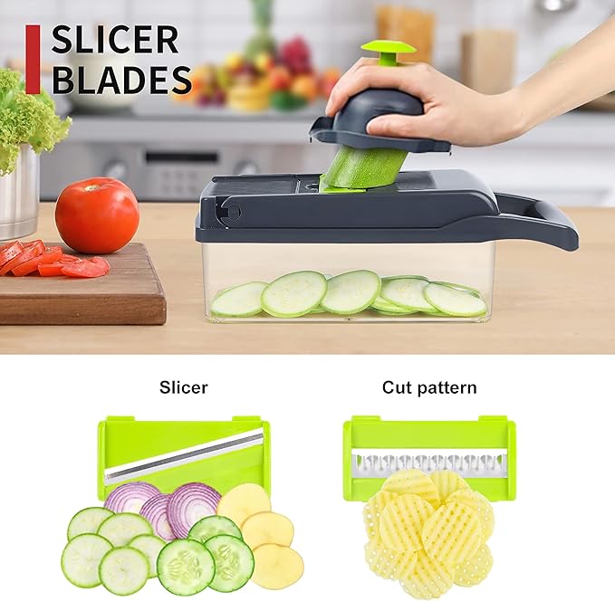 Vegetable Chopper Mandoline Slicer,Veggie Chopper, Multifunctional 10 in 1 Food Choppers, Kitchen Vegetable Slicer Dicer Cutter,Onion Mincer,Cheese,Colander Basket,Kitchen Gadgets (Gray/Green)