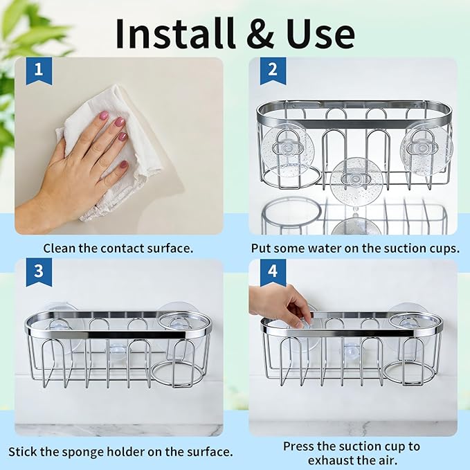 Yazoni 2-in-1 Sponge Holder for Kitchen Sink, Sink Caddy Kitchen Sink Organizer with 3 Suction Cups, No Drill Rustproof Sink Sponge Holder for Dish Brush, Soap & Sponge (Gold)