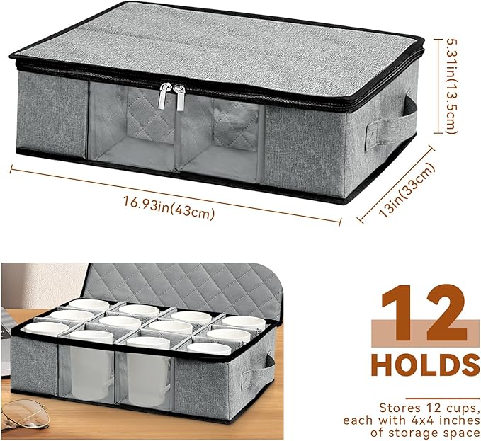 China Cup and Mug Storage Container, 12 Compartments Mug Storage Box with Hard Shell and Dividers Foldable Dustproof China Containers for Protection and Moving Coffee, Tea Cups and Glasses - Gray