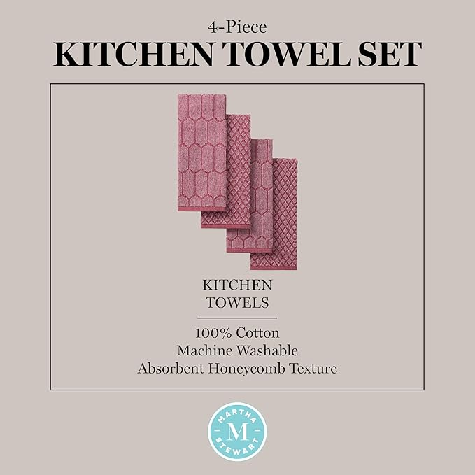 Martha Stewart Honeycomb Chambray Textured Kitchen Towel 4-Pack Set, 100% Cotton with Absorbent Terrycloth, Decorative Kitchen Towels, Red, 16"x28"