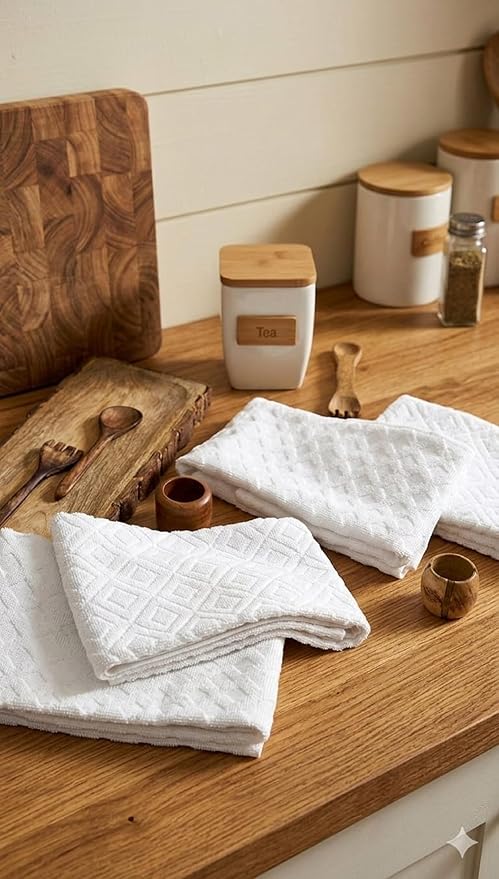 SYDR Premium Kitchen Towel (16”x 28”, 4 Pack), Cotton Kitchen Hand Towel, Jacquard Diamond Weave, Highly Absorbent Tea Towel Set with Hanging Loop, White