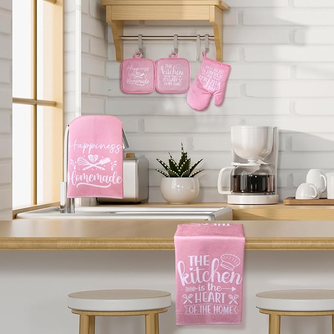 Sratte 6 Pcs Kitchen Decor Accessories Set Farmhouse Towels Pot Holders Oven Mitts Set 2 Dish Towels 2 Potholders 2 Cooking Mittens Oven Glove for Christmas Baking Cooking Supply(Pink,Kitchen)