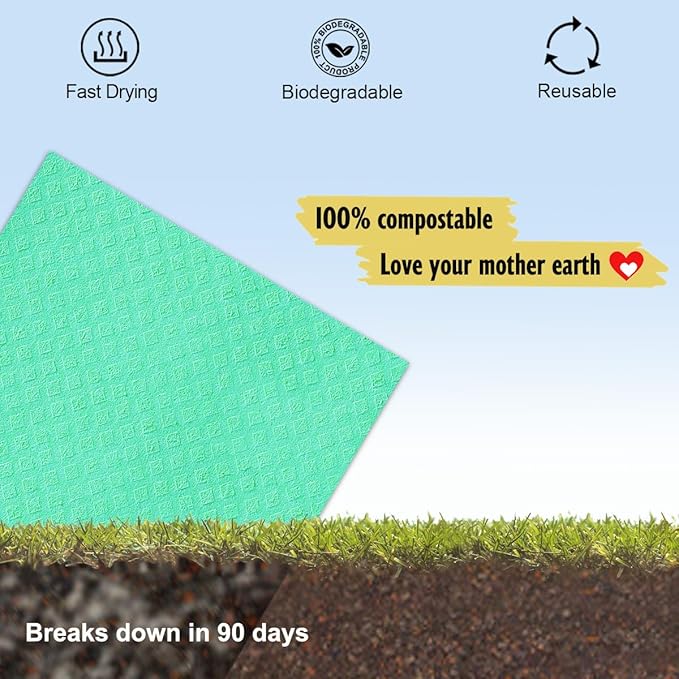 MoLKENE Swedish Dishcloths for Kitchen | 6 Pack Absorbent Cellulose Sponge Cloths Washable | Non-Scratch Reusable Paper Towels Quick Drying Cleaning Cloths - Green