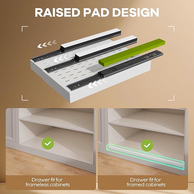 Seinloes 2 Pack Pull out Cabinet Organizer 21" Deep With Raising Pad for Framed Cabinets, Expandable Slide out Drawers for Kitchen Cabinets with 4pcs Divider Racks, Roll out Shelves 9"-14" W White
