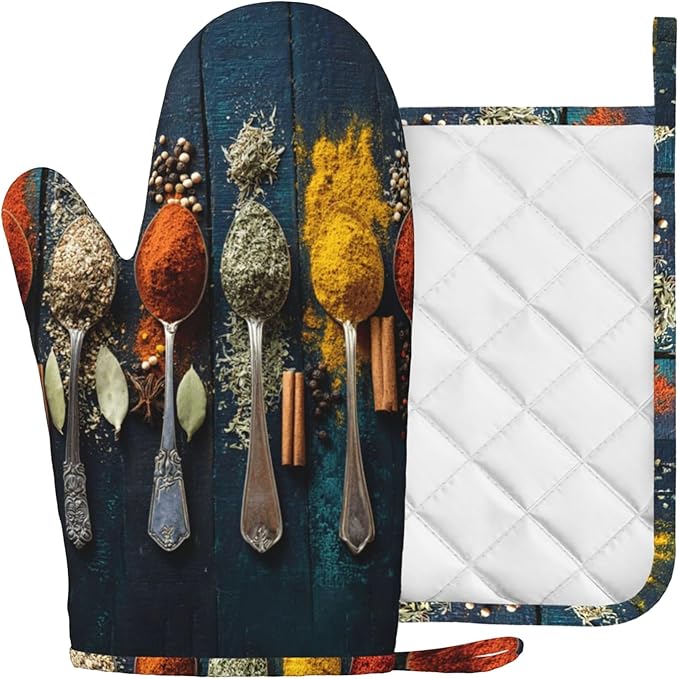 Various Herbs and Spices Oven Mitts and Pot Holders Sets Non-Slip Silicone Surface for BBQ Gloves,Kitchen,Cooking,Baking,Grilling