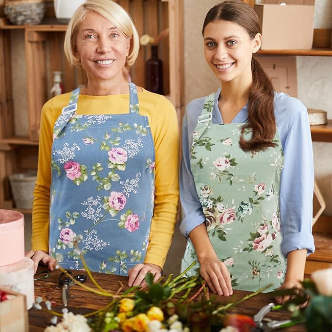 Kitchen Aprons for Women, 2 Pack Floral Aprons with 2 Pockets, Vintage Chef Bakers Apron for Cooking Baking Gardening, Birthday Mothers Day Apron Gifts for Mom Wife Sister Daughter Grandma