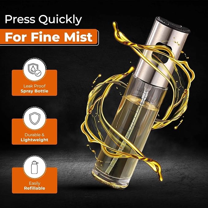 VIGOR PATH Oil Sprayer Mister – 100ml Stainless Steel Refillable Spray Bottle for Cooking, Air Fryer, BBQ, Salad, Baking & Roasting – Kitchen Gadget for Oil & Vinegar – Pack of 10