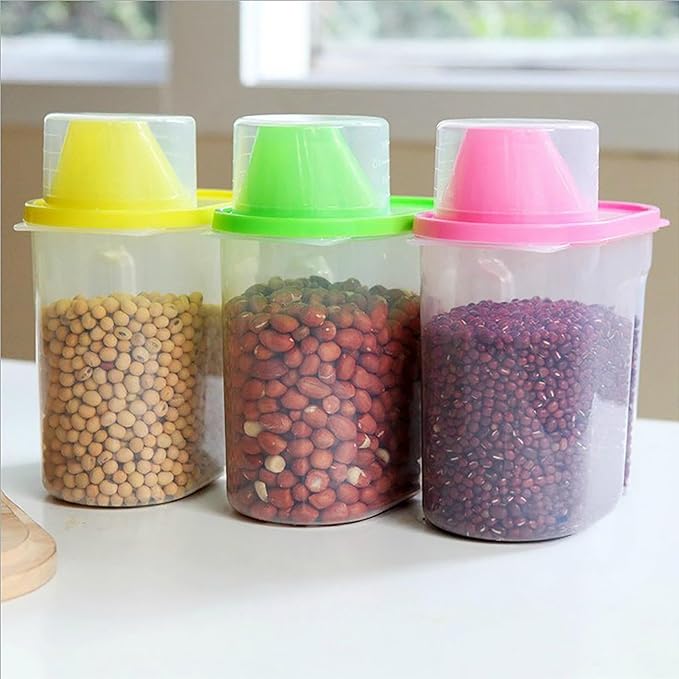 Basicwise 1.9 Liters Set of 3 Small Airtight Food Storage Containers with Pouring Spout and Measuring Cup Lid for Flour Sugar Cereal Rice Pantry Staples & Baking Ingredients in Green Pink and Yellow