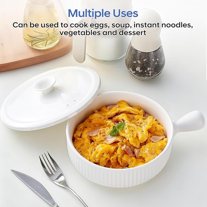 EliteVibe Ceramic Microwave Egg Cooker Scrambled with Lid, BPA-Free Non-Stick Non-Toxic & Heat-Resistant Quick Cooking Egg Maker, Dishwasher Safe, Holds Up to 3 Eggs（White）