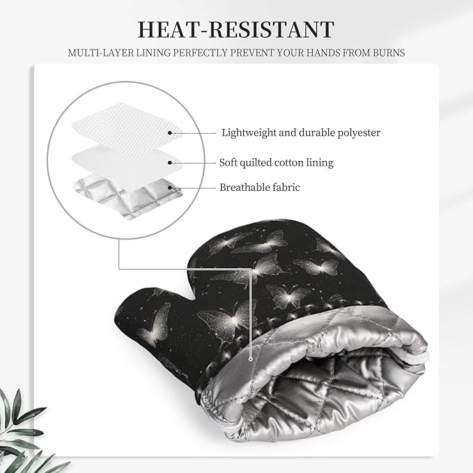 Oven Mitts and Pot Holders Black White Butterfly Silicone Kitchen Accessories Set of 2 Heat Resistant Long Gloves Potholder Non-Slip Grip for Chef Cooking,Baking,Grilling,BBQ