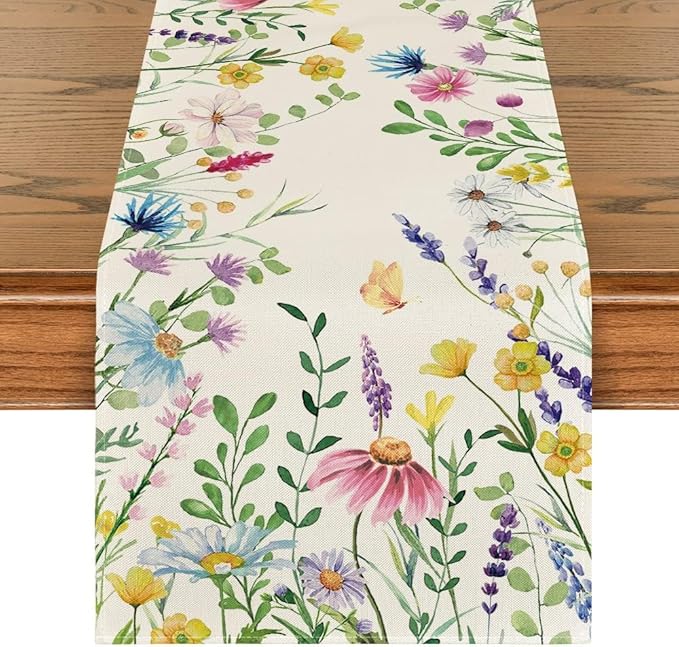 Artoid Mode Daisy Eucalyptus Lavender Floral Leaves Summer Table Runner, Spring Kitchen Dining Table Decoration for Home Party Decor 13x60 Inch