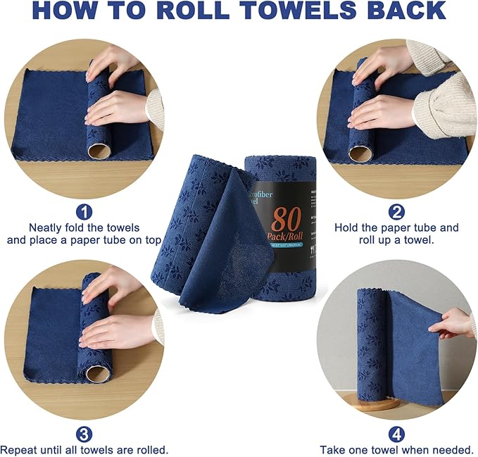 Microfiber Cleaning Cloth Roll,80 Pack Cleaning Towels,Lint Free Rags Paper Towels & Tear Away Reusable Towels,Washable Shop Rags Floral Wipe Cloth,Wash Cloths Dish Rags for Car Kitchen Window