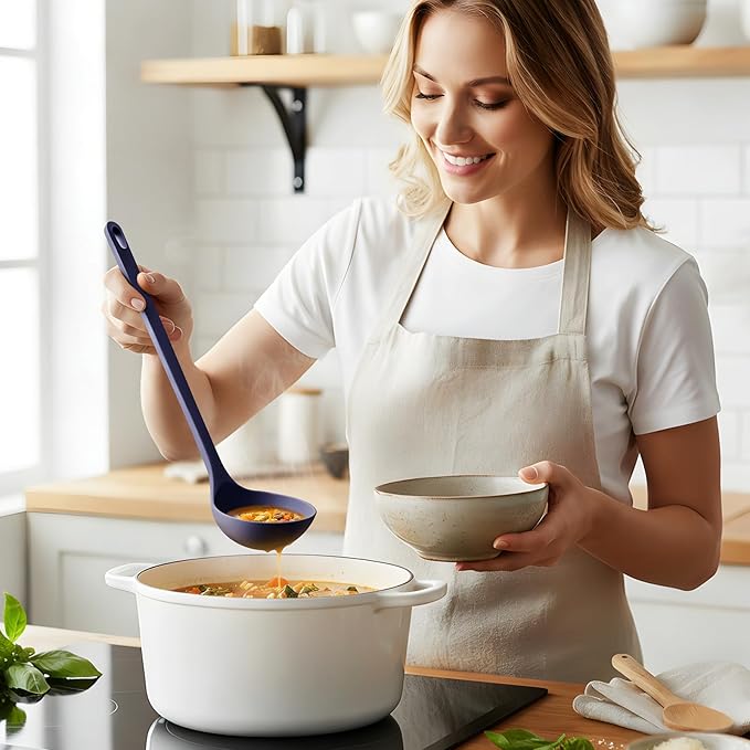 Silicone Spaghetti Spoon&Soup Ladle Cooking Utensils Set of 2,No Scratch for Nonstick Cookware,BPA Free, 450℉ Heat Resistant (BLUE)