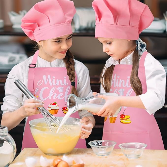 Kids Apron and Chef Hat Set, “Mini Chef” Funny Apron Adjustable Kitchen Apron for Boys and Girls