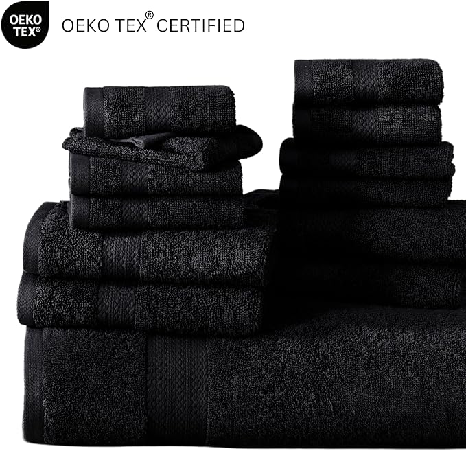 LANE LINEN 100% Cotton Towel Set for Bathroom - 6 Piece - Super Soft, Hotel Quality - 2 Bath, 2 Wash cloths, 2 Hand Towels for Bathroom - Classic, Gentle on Skin, Ideal for Spa & Daily Use - Black
