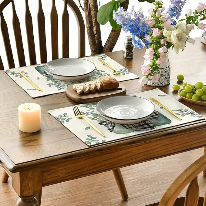 Artoid Mode Eucalyptus Buffalo Plaid Spring Placemats Set of 4, 12x18 Inch Vase Seasonal Table Mats for Party Kitchen Dining Decoration
