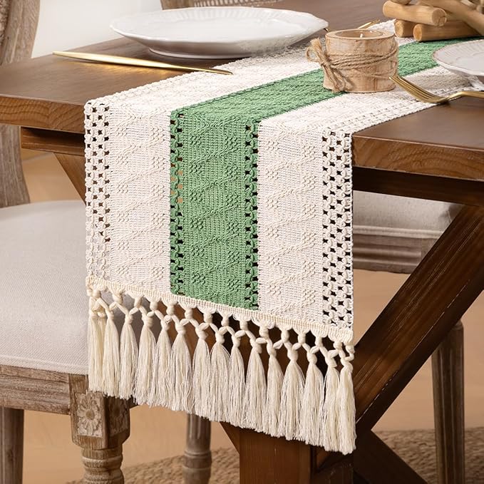 DeZerlor Boho Macrame Table Runner Spring Easter Farmhouse Woven Table Runner with Tassels 72 Inches Ivory& Sage Green Cotton Linen Kitchen Table Decor for Dining Dresser Home Tea Table Decor