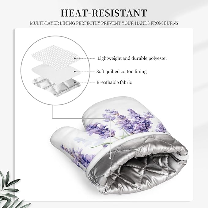 Oven Mitts and Pot Holders Lavender Watercolor Flower Floral Silicone Kitchen Accessories Set of 2 Heat Resistant Long Gloves Potholder Non-Slip Grip for Chef Cooking,Baking,Grilling,BBQ