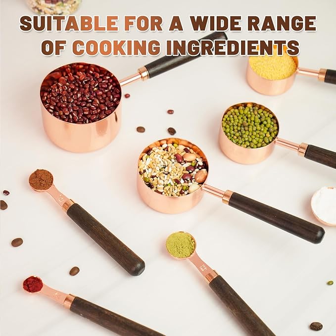 Premium Measuring Cups and Spoons Set with Wood Handle, 8-Pieces Stainless Steel Nesting Kitchen Measuring Set for Baking, Cooking, Coffee with Ergonomic Grip & Engraved Markings (Rose Gold8)