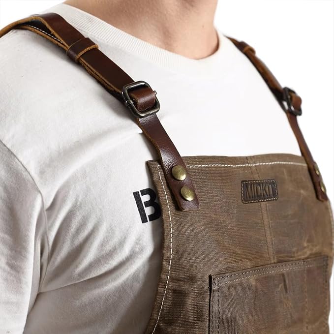 Midkit Utility Apron Adjustable Cross-Back Straps Multi-Use Portable 8oz Waxed Canvas Aprons With 5 Tool Pockets Fits M- 3XL
