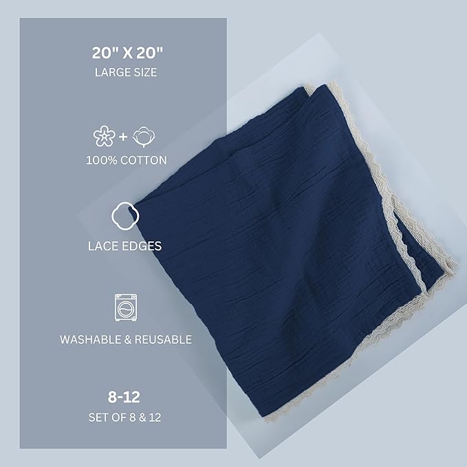 Fingercraft Dinner Cloth Napkin Cotton Muslin Double Gauze 8 Pack with Classic Lace for Everyday Use, Wedding, Party, Christmas, Easter Napkins Cloth are Pre Shrunk and Good Absorbency Stellar