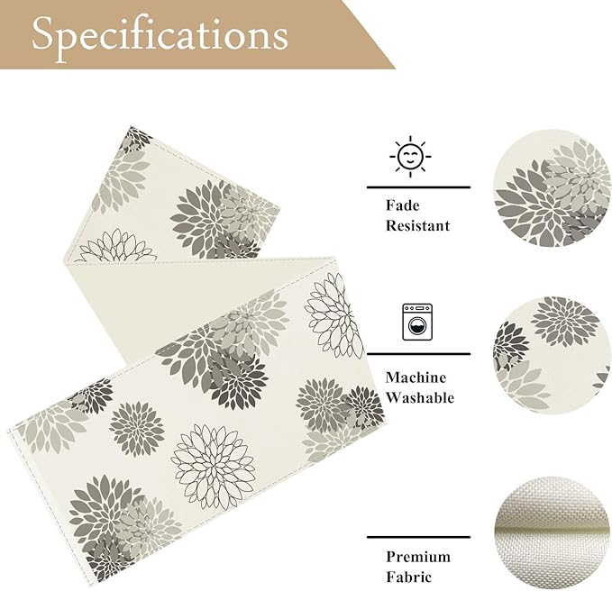 Gray Dahlia Table Runner Modern Elegant Flower Beige Table Runners Geometric Pompon Farmhouse Coffee Table Center Decor for Home Kitchen Dining Party Indoor Outdoor (13x36 Inch)