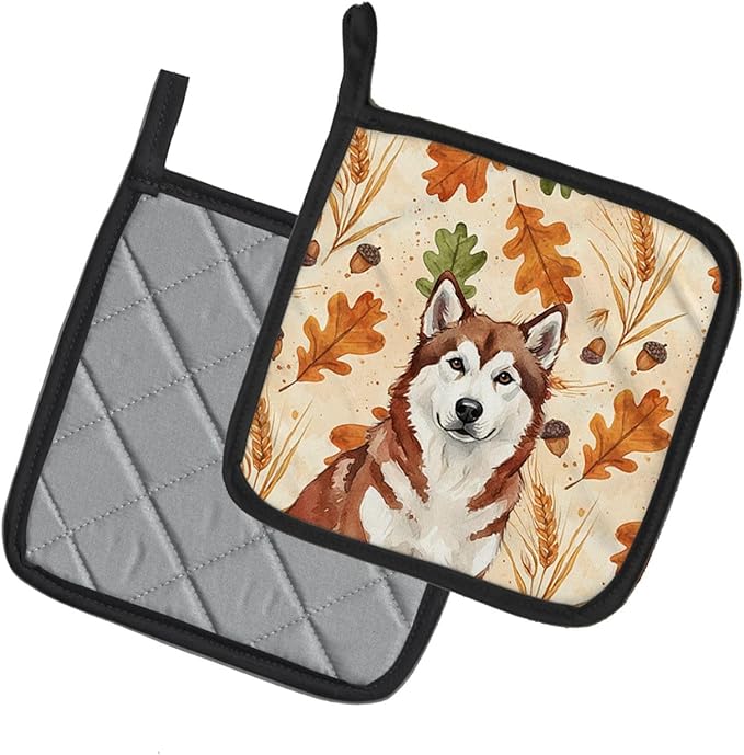 Caroline's Treasures Red and White Alaskan Malamute Heirloom Fall Pair of Pot Holders Pair 7.5x7.5 Quilted Insulated Hot Pads Decorative Kitchen Gift Made in USA