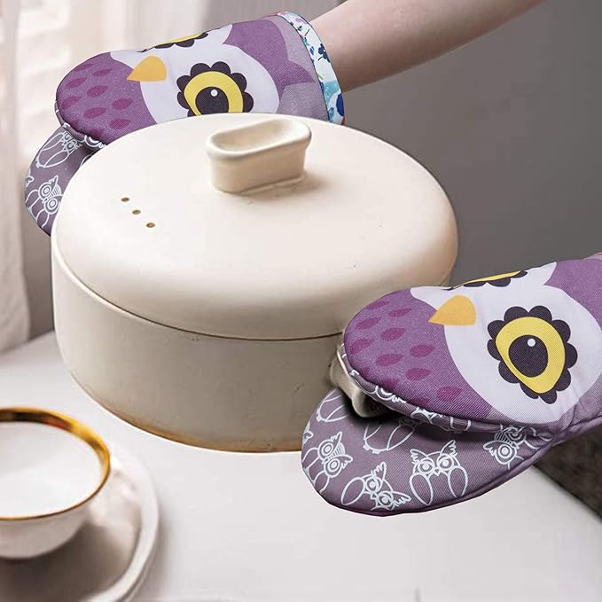 Alselo Mini Oven Mitts,2pk - Silicone Little Kitchen Gloves, Heat Resistant with Non-Slip Grip and Soft Quilted Cotton Lining for Safe Backing Cooking Barbecue (Purple, 2)