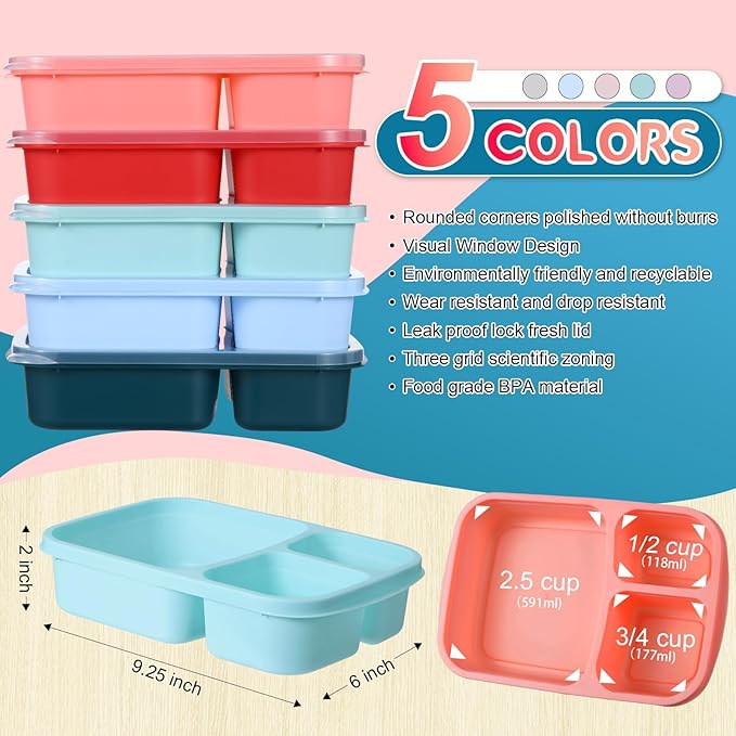 Honeydak 5 Pack Snack Containers 3 Compartment Bento Snack Boxes Divided Meal Prep Containers with Lids Reusable Adults Lunch Food Storage Box for School Work Travel (Red Blue Green)