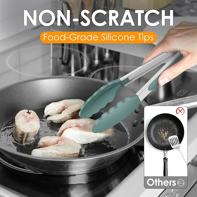 HOTEC Premium Stainless Steel Locking Kitchen Tongs with Silicon Tips, Set of 3-7", 9" and 12" (Sage Green)