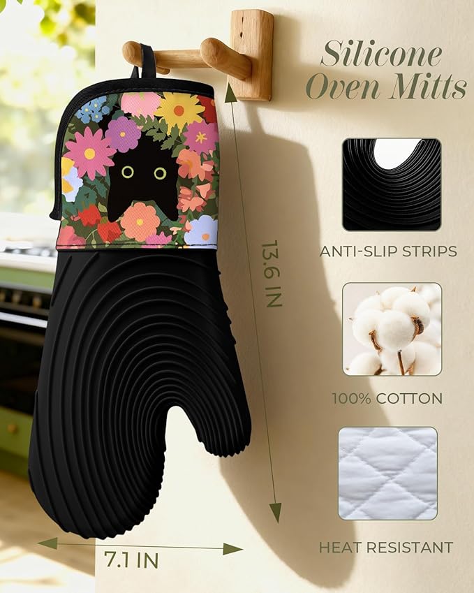 Slohif Long Silicone Oven Mitts Heat Resistant for Women - 2 Pcs Black Cat 100% Cotton Oven Gloves, Non-Slip and Waterproof Silicone Oven Mitts with Hanger for Baking and Cooking