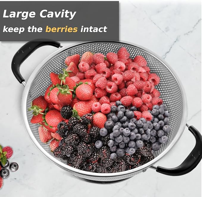 5 Qt Colander 18/8 Stainless Steel Colander Silicone Handle Easy Grip Micro-Perforated Strainer Heavy Duty and Self-draining Solid Ring Base BPA Free Dishwasher Safe - Black