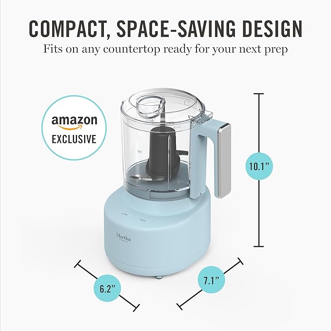 Martha Stewart 3 Cup Food Processor, Electric Vegetable Chopper, Stainless Steel Blades, 24oz BPA-Free Bowl, Pour Spout, Dicing, Mincing, Chop & Puree, Dishwasher Safe, Oil Chute, Easy-Clean, Sky Blue