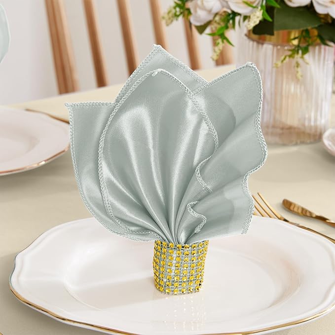 RUDONG M 100 Pcs Grey Satin Napkins and Napkin Rings Set, 17 x 17 Inch Square Cloth Napkins Set of 50, Silky Soft Table Napkins Bulk for Weddings, Banquet, Parties Dinner Decoration