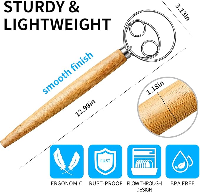 TEEVEA Danish Dough Whisk Stainless Steel Wooden Handle for Sourdough Pizza Bread Baking