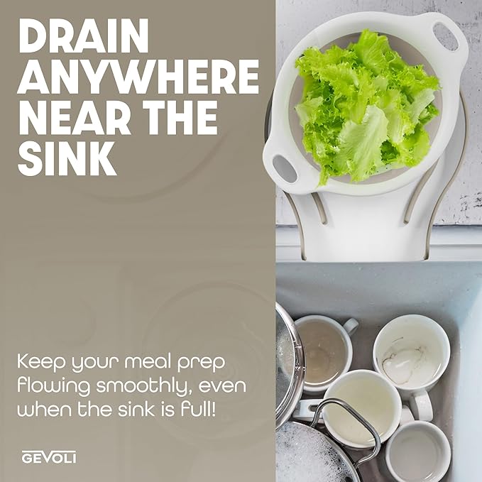 Gevoli Collapsible Colanders (3 Pack Set) Food Strainers with Over-Sink Water Draining Base for Pasta Fruits and Vegetables, White/Beige (3 Sizes, 3QT, 4QT and 5 Quart)