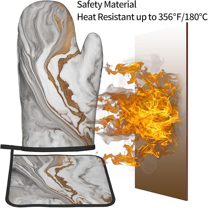 Beautiful White Gray Marble Oven Mitts and Pot Holders Heat Resistant Oven Mitts Safe for Baking Cooking BBQ